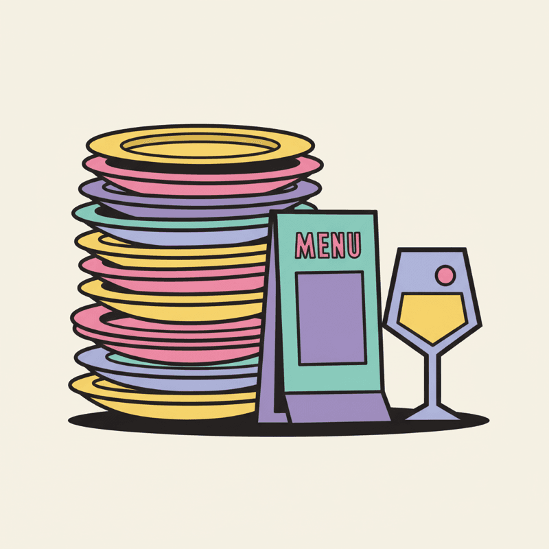 Flat neobrutalist illustration of stacked plates and a menu