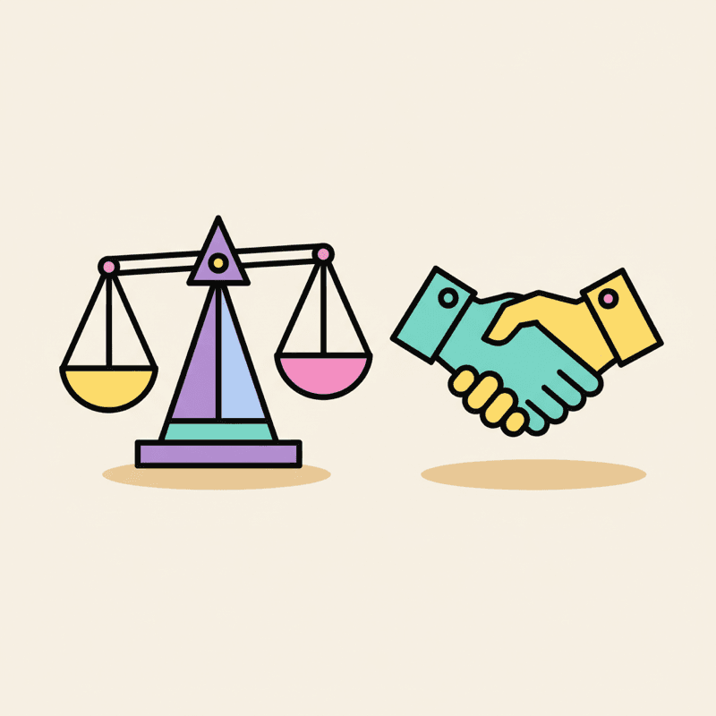 Illustration of scales of justice and a handshake