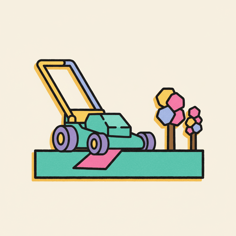 Illustration of a lawn mower and small trees